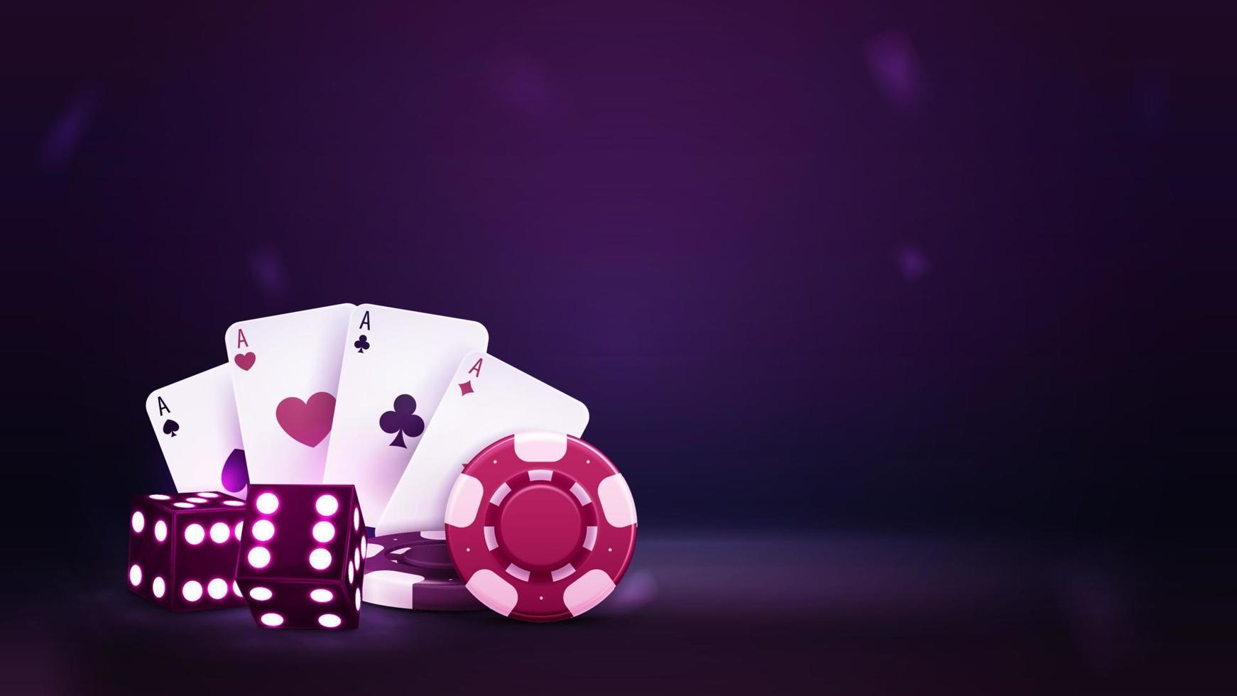 lila tärningar med röd och svart kasino pommes frites och spelar kort i lila tom scen vektor