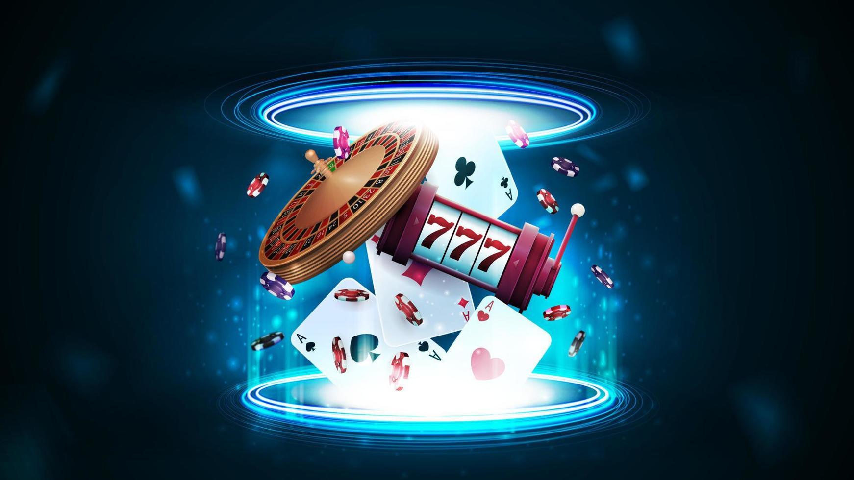 Casino-Spielkarten, Casino-Roulette, Spielautomaten und Pokerchips im blauen Portal aus digitalen Ringen in dunkler, leerer Szene vektor