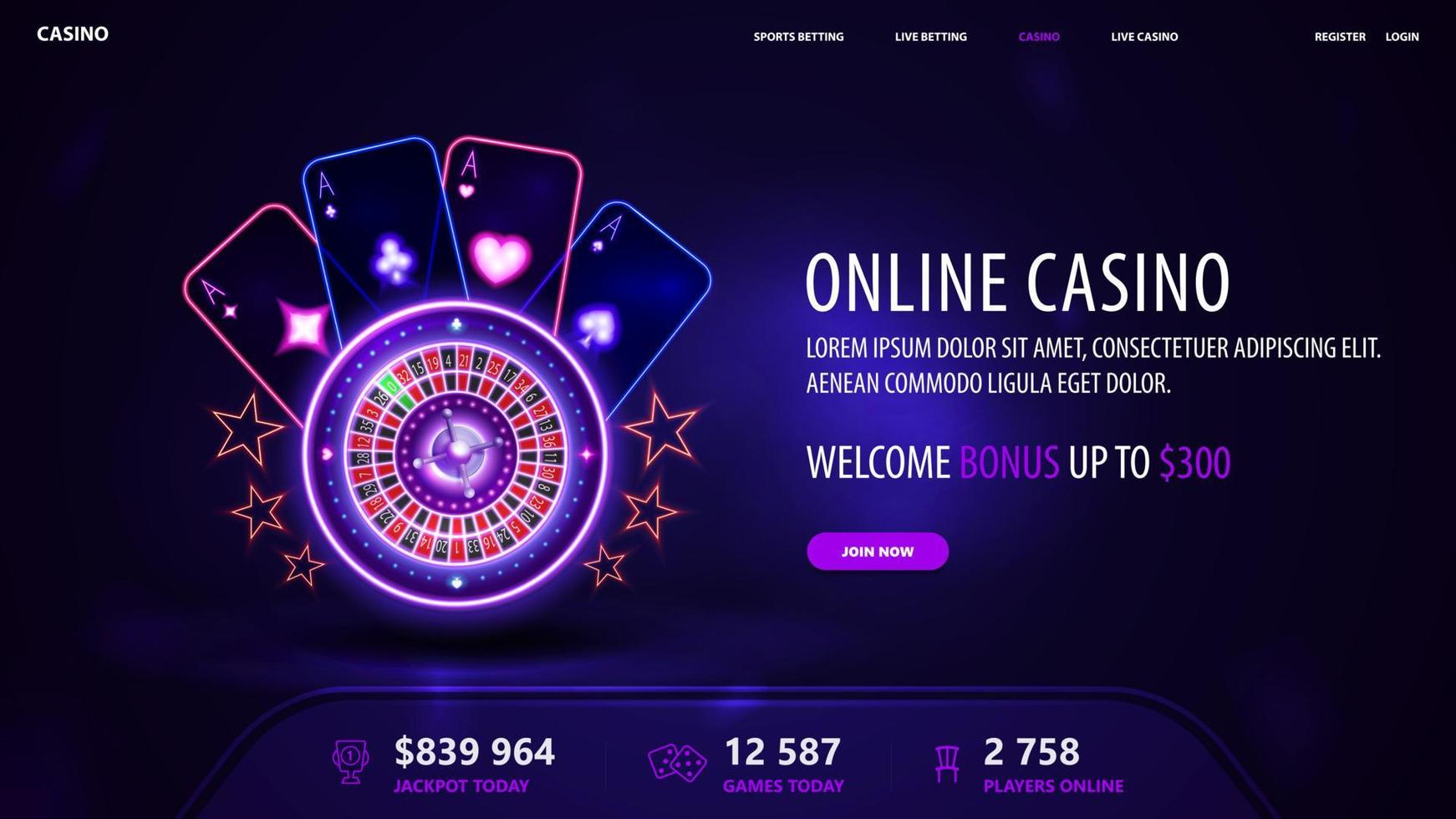 online-casino, blaues einladungsbanner für website mit willkommensbonus, knopf und rosa glänzendem neon-casino-rouletterad mit spielkarten in dunkler leerer szene vektor