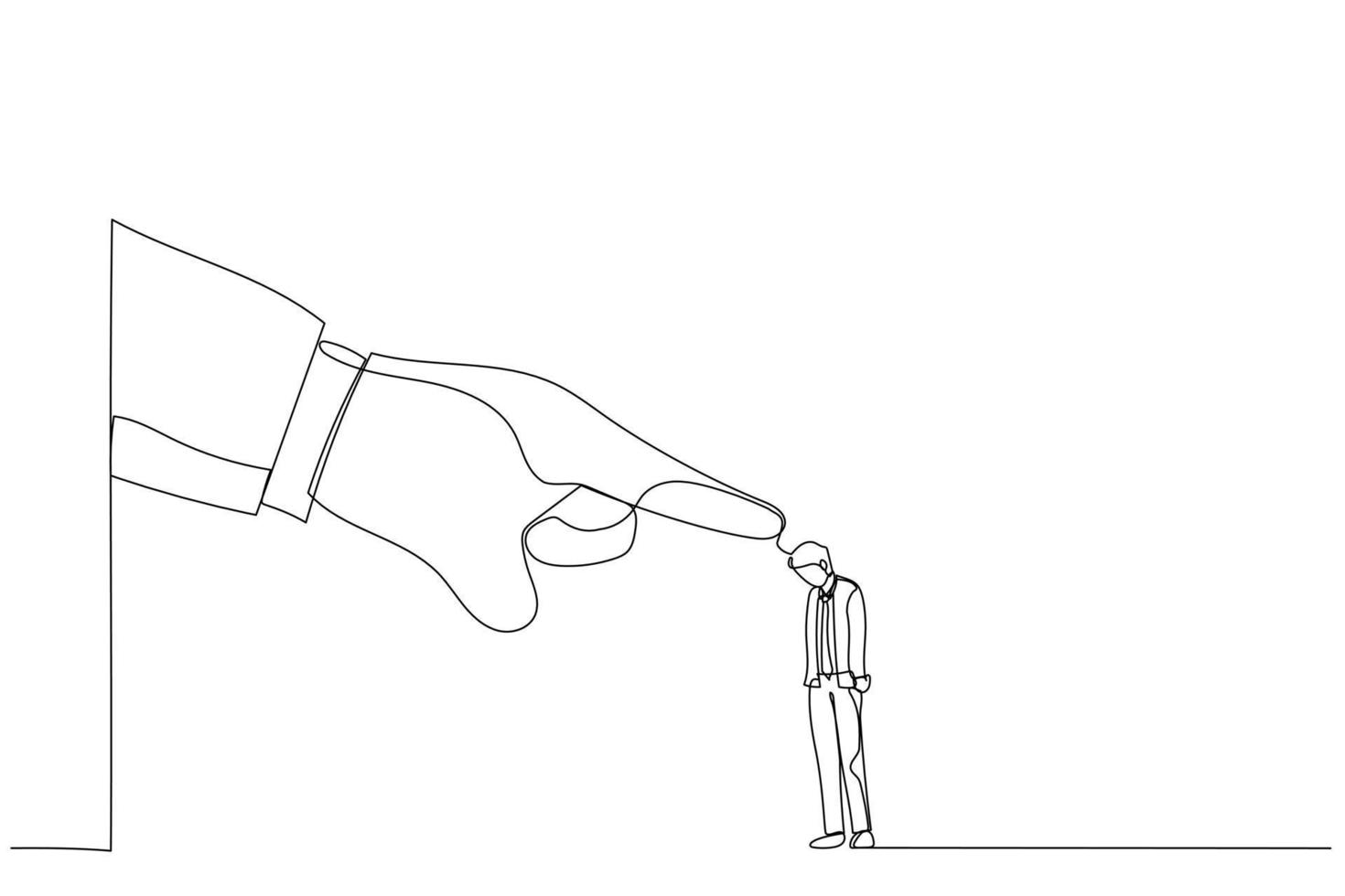 zeichnung der riesigen hand wütend zeigt mit dem finger auf den geschäftsmannangestellten. Metapher für Arbeitsplatzabbau oder Entlassung. Einzeiliger Kunststil vektor