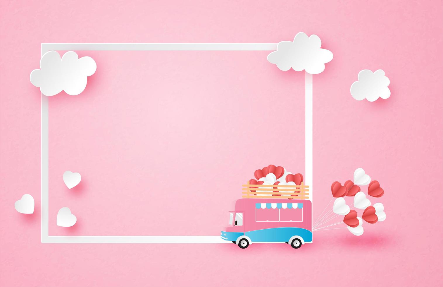 rosa Plakat mit Rahmen und rv, das Herzballons zieht vektor