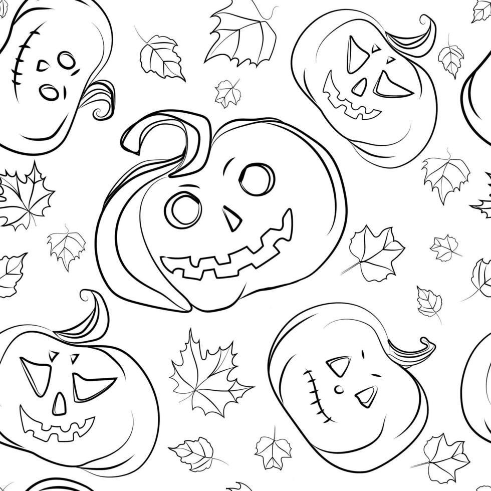 halloween kürbisse nahtlose musterlinie zeichnung schwarz-weiß vektor illustration.gruseliger hintergrund. halloween-feiertagskonzept. partydekoration. handgezeichneter kürbis