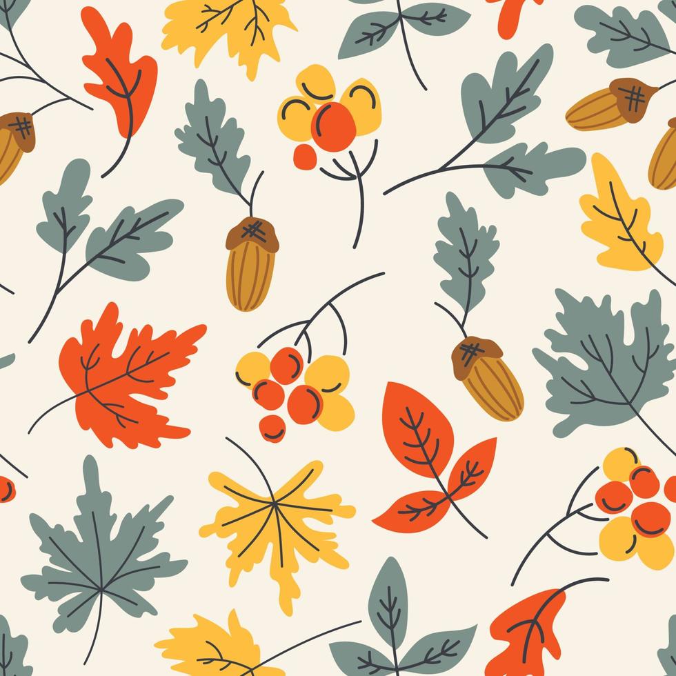 sömlös mönster av höst löv i tecknad serie stil med lönn grenar, löv, rönn bär och tallkotte på ljus bakgrund. repeterbar motiv för säsong- falla. färgrik upprepa platt grafisk. vektor