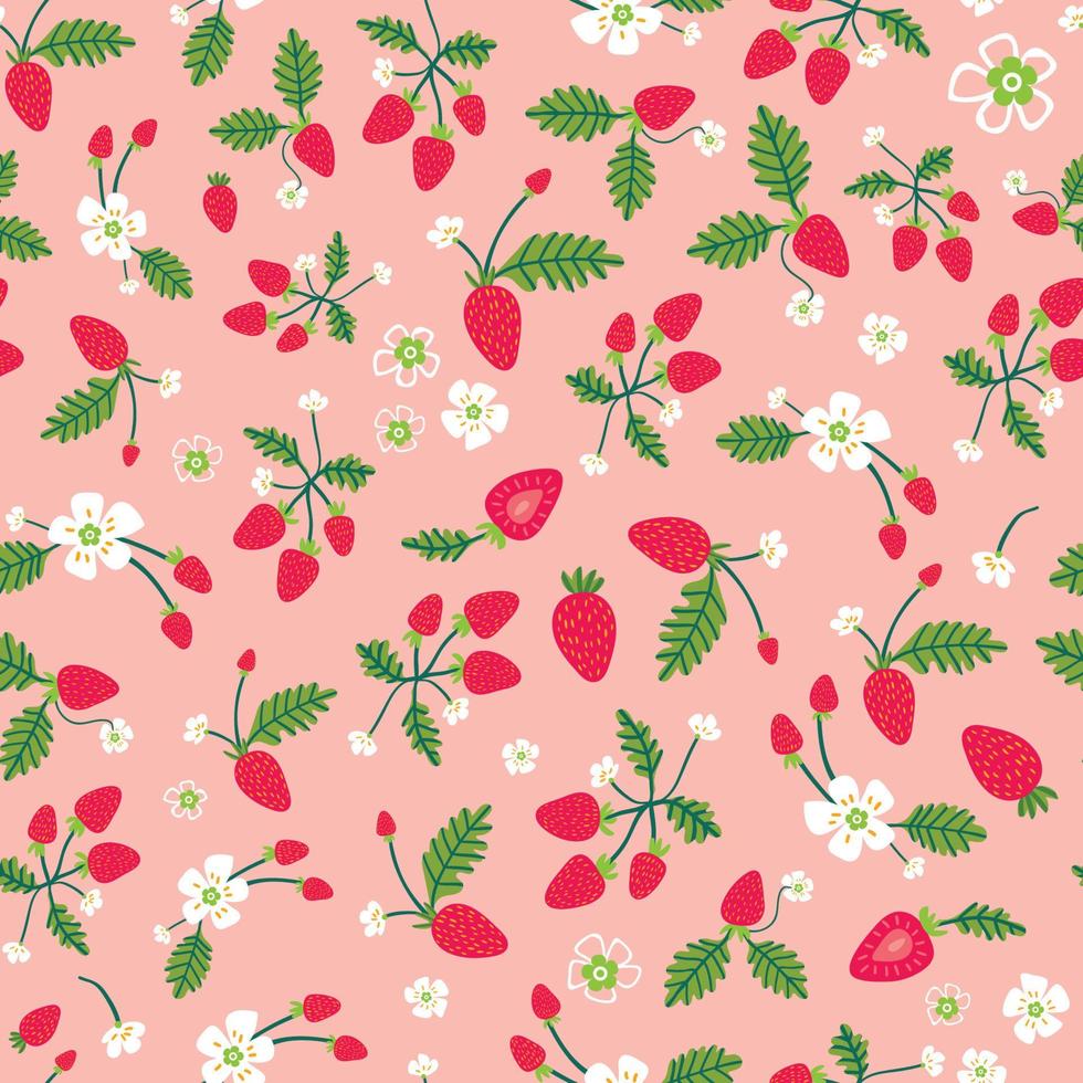 sommernahtloses muster mit frischen erdbeeren auf rosa hintergrund. Oberflächendesign-Vektorillustration, ideal für Restaurants, Bäckereien, Textilien, Wohnkultur, Papier, Verpackung und Verpackung. vektor