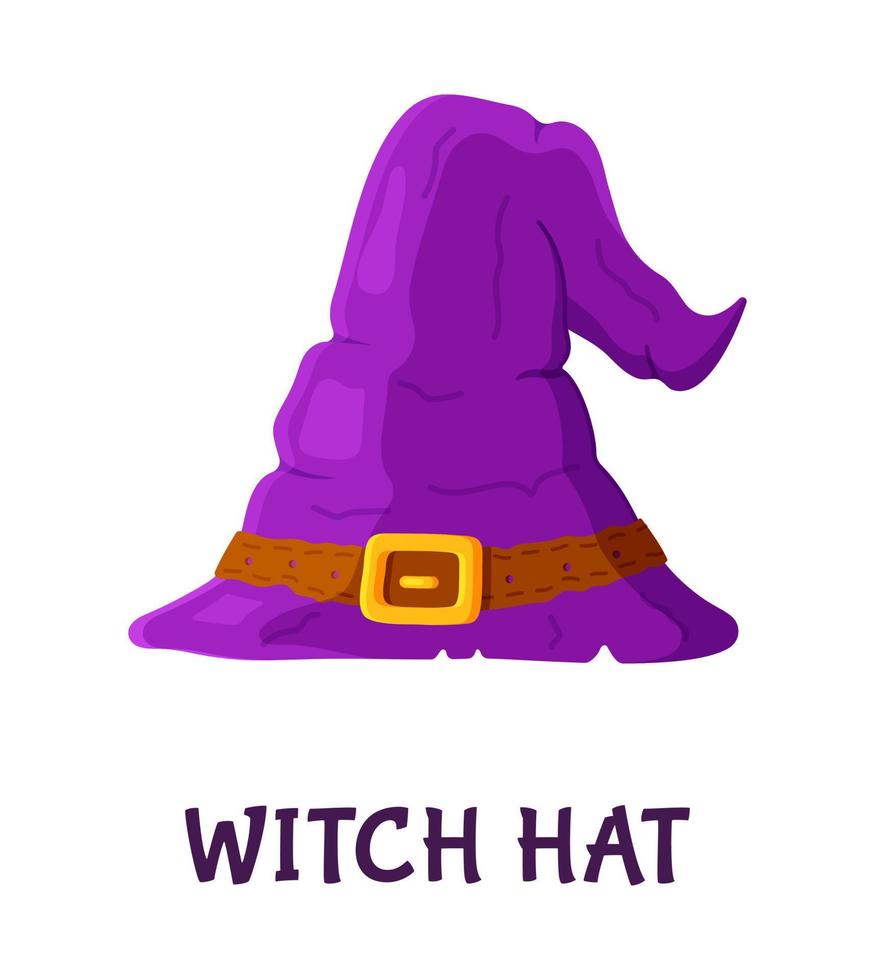 lila gammal häxans hatt, isolerat på vit bakgrund. vektor illustration av en ljus lila hatt. trolldom symbol.