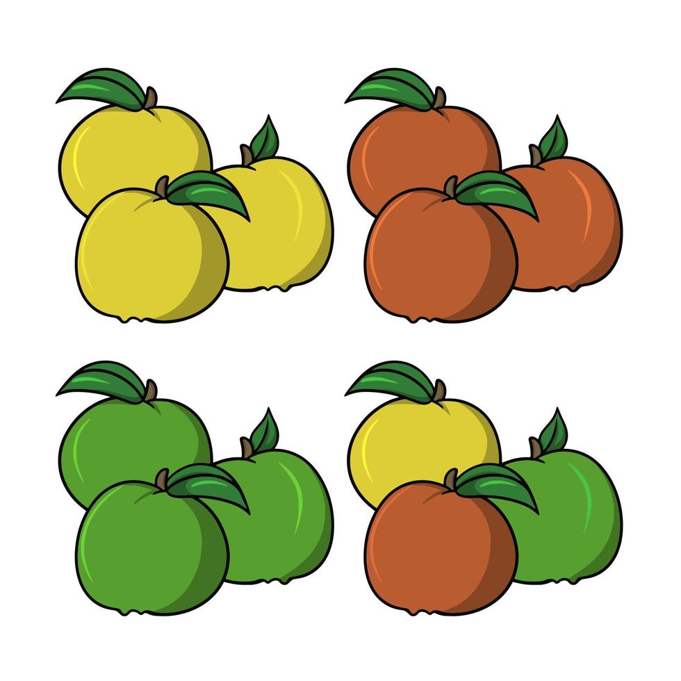 eine Reihe farbiger Symbole, bunte Äpfel mit grünen Blättern, Vektorillustration im Cartoon-Stil auf weißem Hintergrund vektor