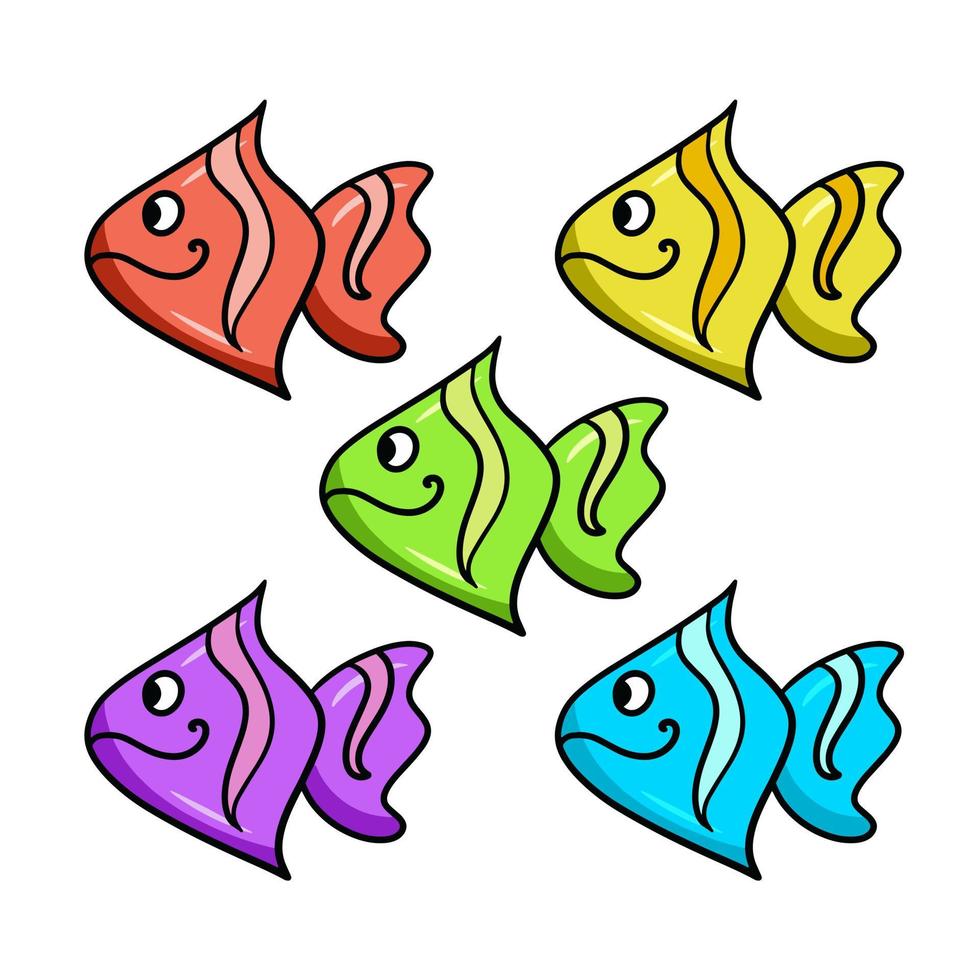 Satz farbiger Symbole, heller dreieckiger Cartoon-Fisch, Bewohner tropischer Meere, Aquarienfische, Vektorillustration im Cartoon-Stil auf weißem Hintergrund vektor