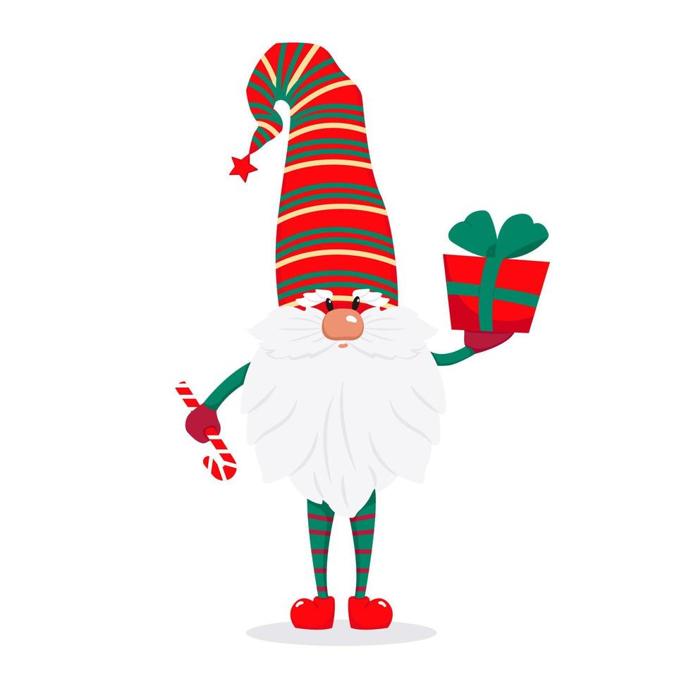 Ein bärtiger süßer Gnom in einer roten Mütze, eine märchenhafte Weihnachtsfigur. vektorillustration im flachen stil vektor