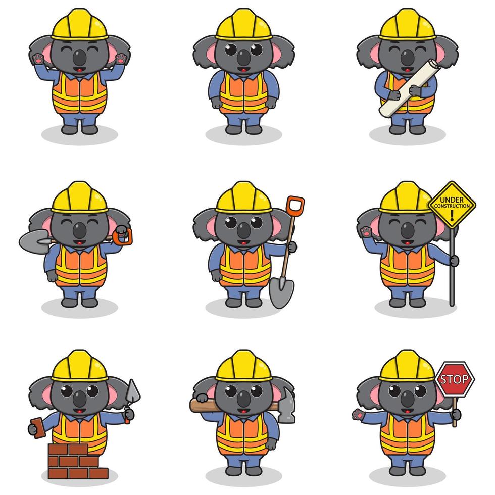 vektorillustration des koalacharakters auf der baustelle. Bauarbeiter in verschiedenen Werkzeugen. karikaturkoalafiguren im harten hut, der am baustellenvektor arbeitet. vektor