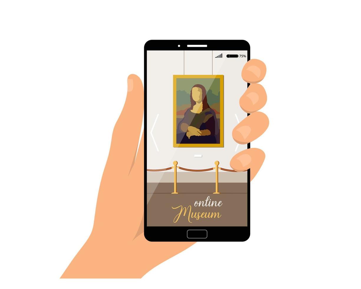 Online-Museumskonzept. eine Hand, die ein Handy mit einer App hält, um ein Museum online zu besuchen, isoliert auf weißem Hintergrund. interaktive Museumsausstellung. Vektor-Illustration vektor