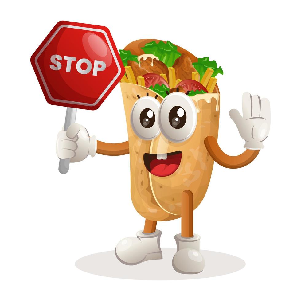 süßes Burrito-Maskottchen mit Stoppschild, Straßenschild, Straßenschild vektor