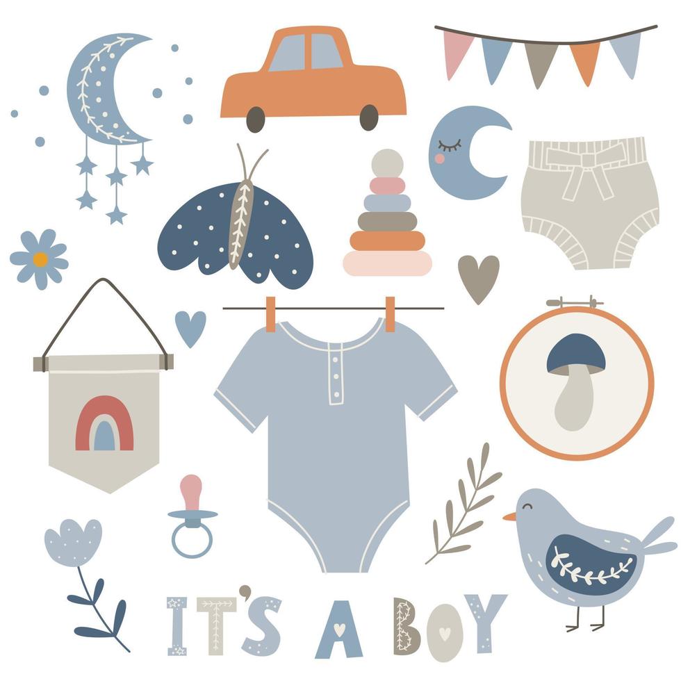 es ist ein Junge. Boho-Baby-Cliparts für Babyparty-Einladungskarte, Poster. Vektor-Illustration vektor