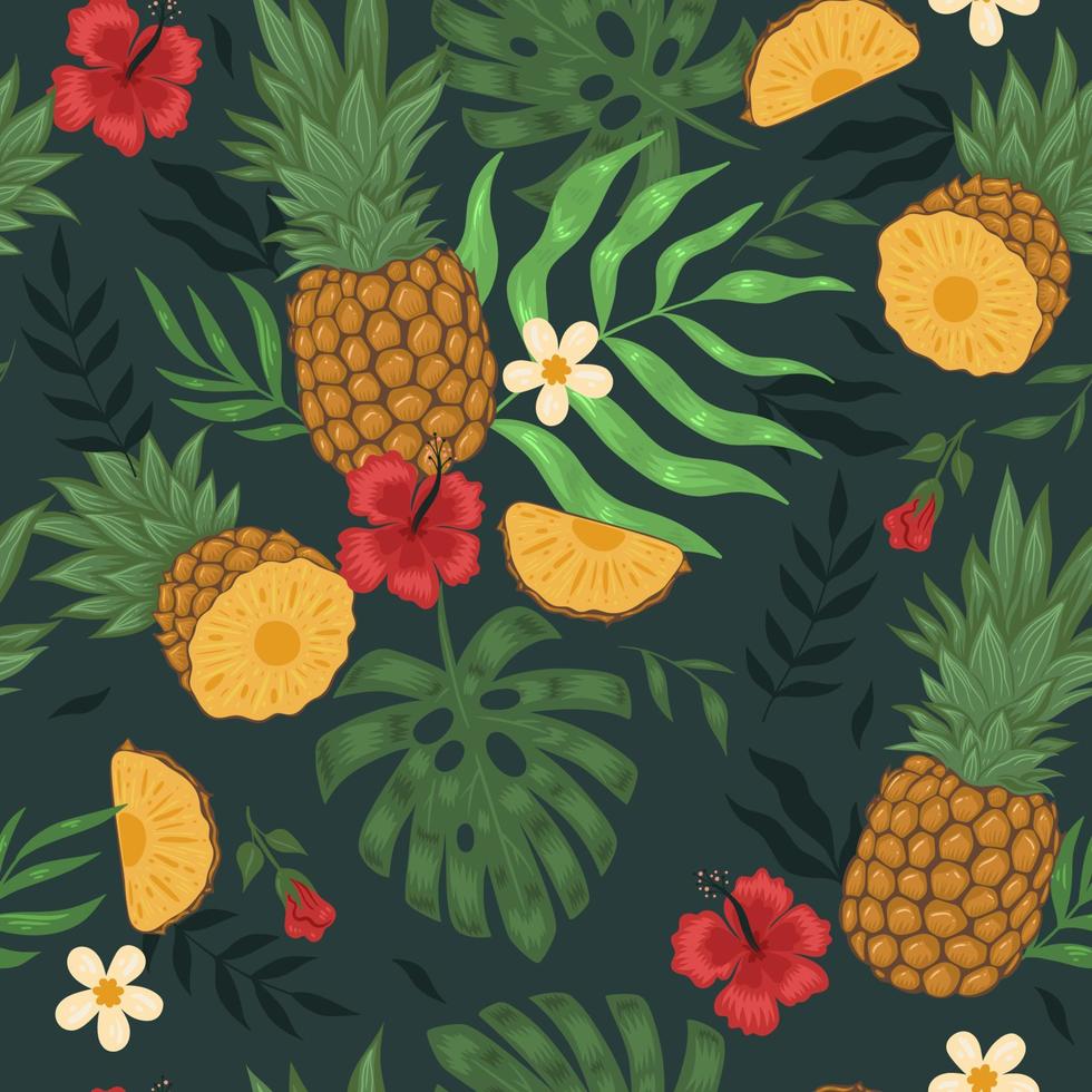 seamless mönster med ananas, blommor och blad. vektorgrafik. vektor