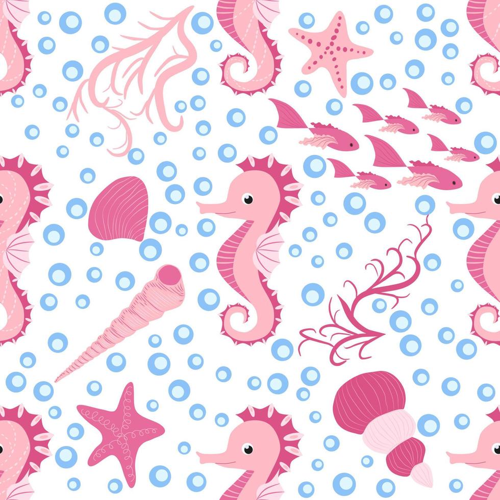 Seepferdchen und Seestern nahtloses Muster. Sea Life Sommer Hintergrund. süßes Meeresleben. design für stoff und dekor vektor