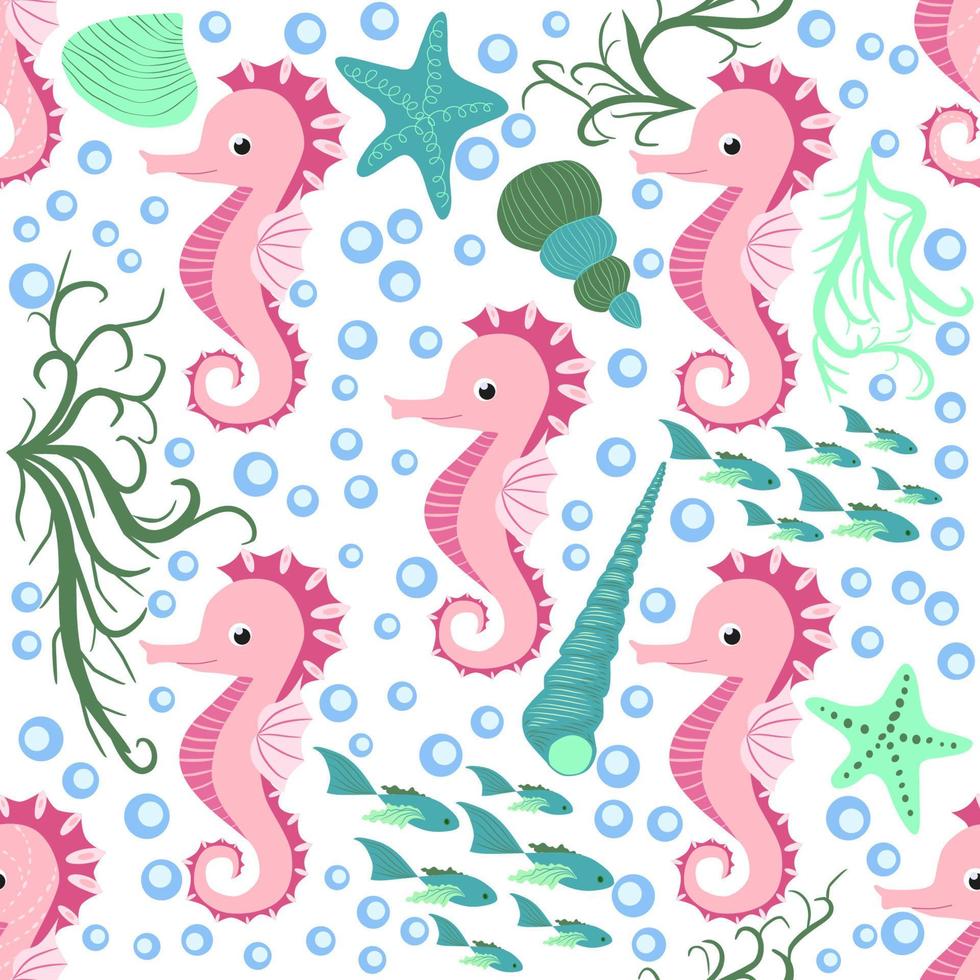 Seepferdchen und Seestern nahtloses Muster. Sea Life Sommer Hintergrund. süßes Meeresleben. design für stoff und dekor vektor