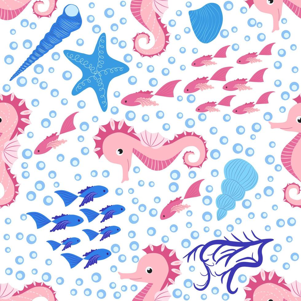 Seepferdchen und Seestern nahtloses Muster. Sea Life Sommer Hintergrund. süßes Meeresleben. design für stoff und dekor vektor