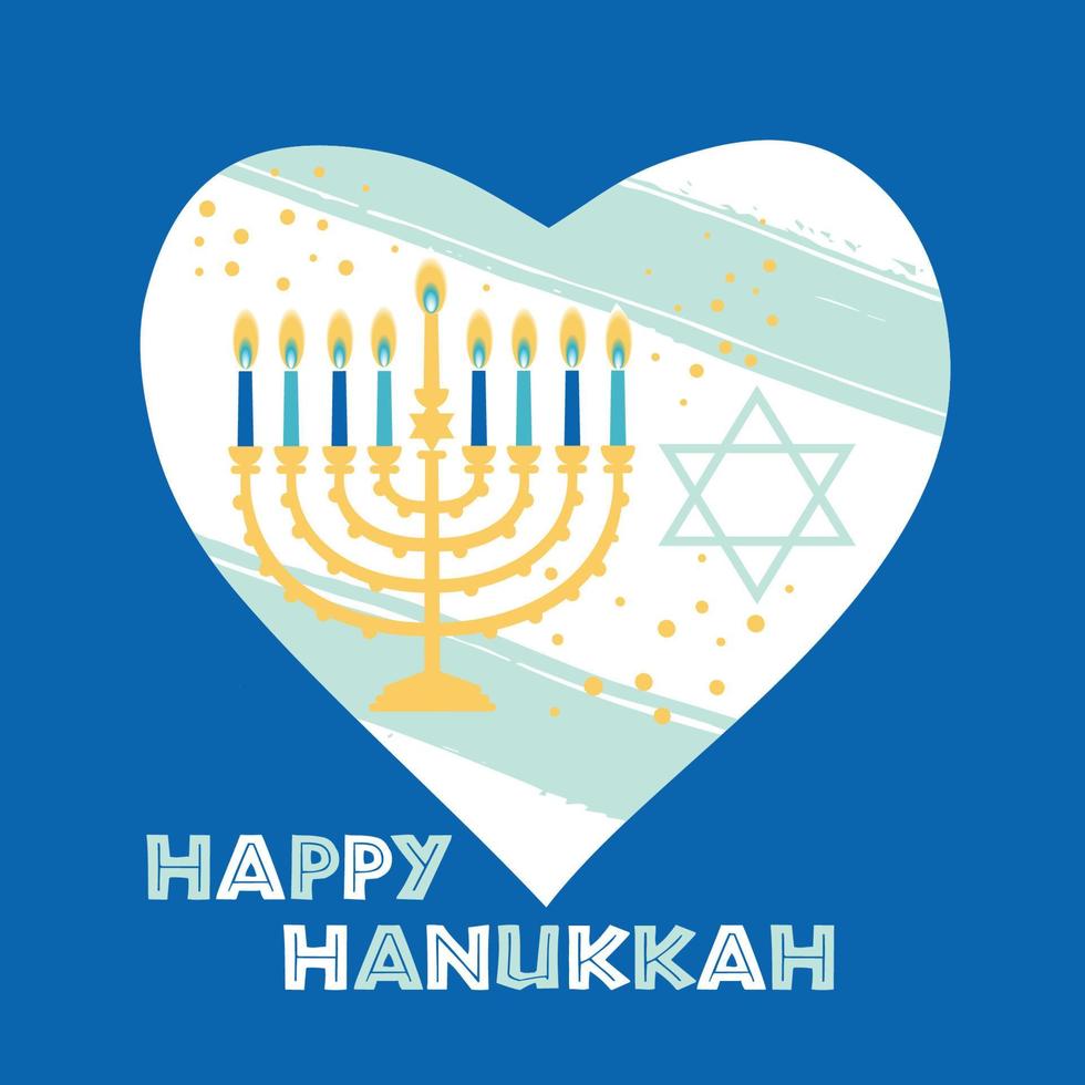 jüdischer feiertag chanukka-grußkarte traditionelle chanukka-symbole - menora-kerzen in herzillustration auf blau. Hintergrund der israelischen Flagge vektor