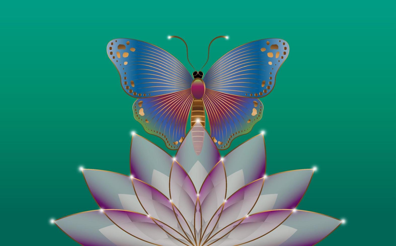 helig lotus blomma och mystisk fjäril logotyp slogan med färgrik fjäril lila blomma mall. vektor design för mode, affisch och kort grafik, isolerat på grön bakgrund