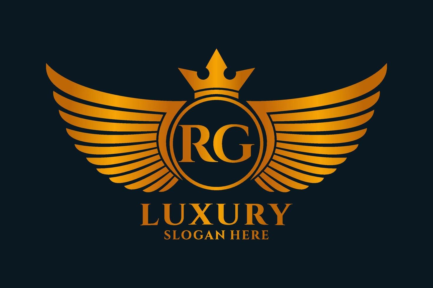 luxus königlicher flügelbuchstabe rg wappengoldfarbe logovektor, siegeslogo, wappenlogo, flügellogo, vektorlogovorlage. vektor