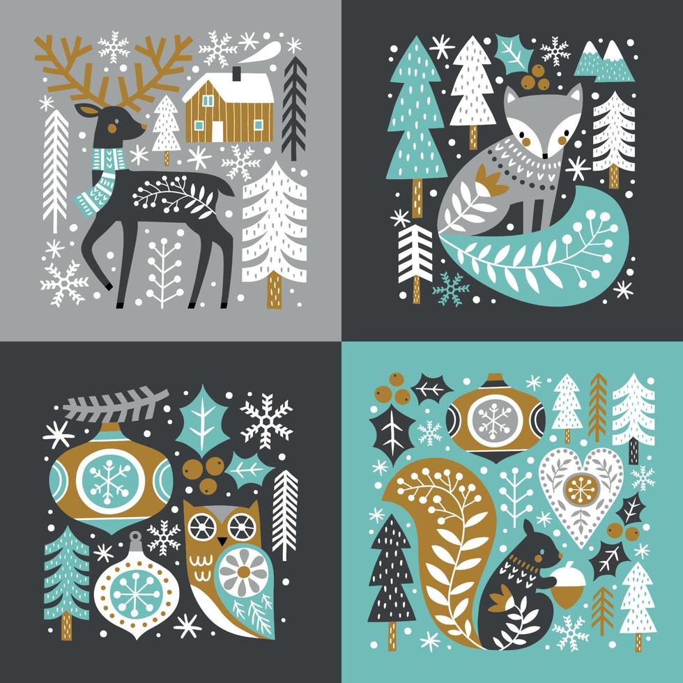 scandinavian jul illustration med söt skog djur, trän och snöflingor på mörk grå bakgrund. vektor