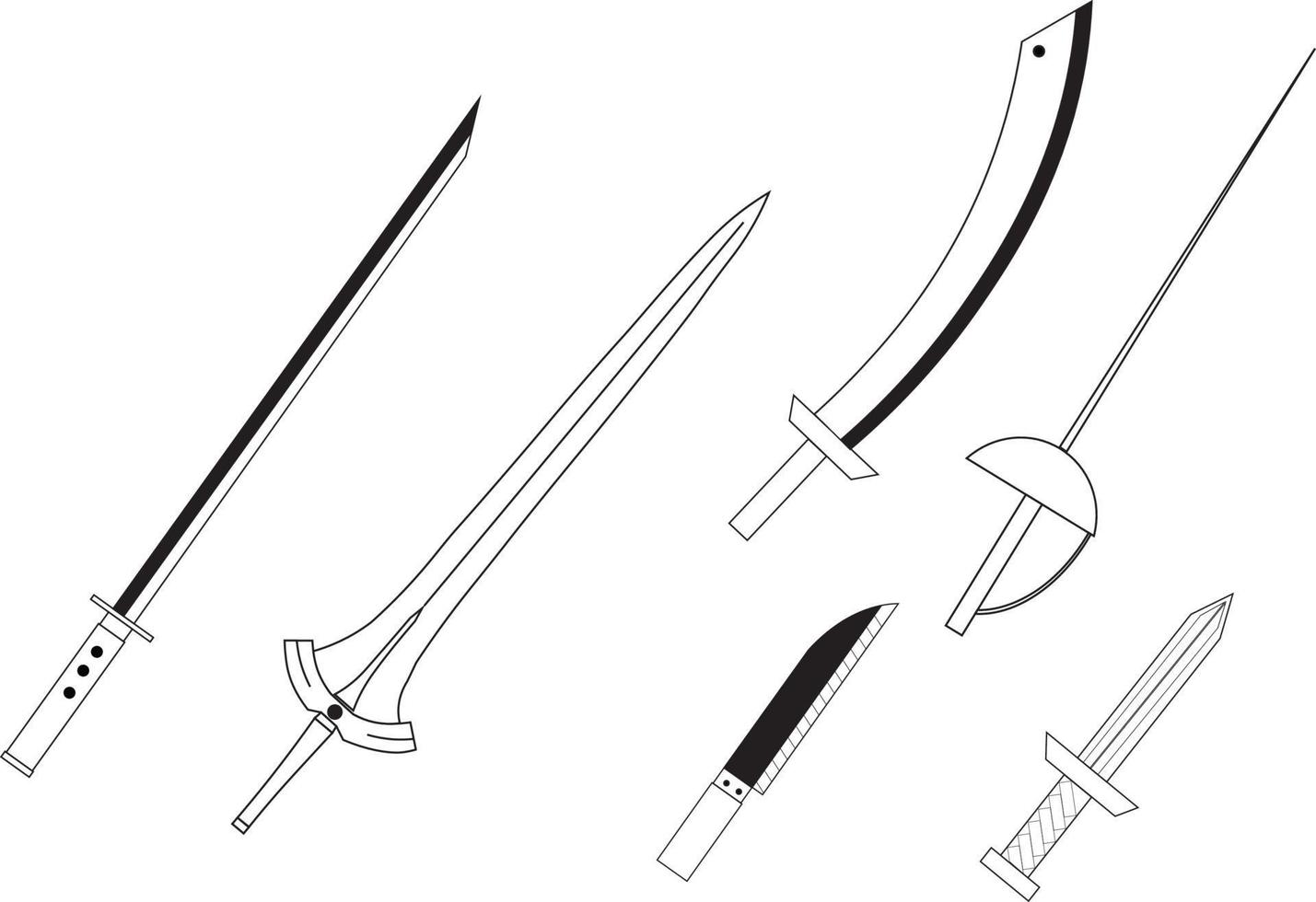 Waffensatz enthält Schwert, Dolch, Katana, Küchenmesser, Fechtschwert, Dolch und arabisches Schwert vektor