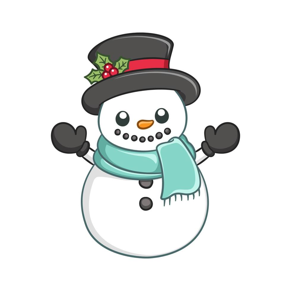 söt snö man bär en topp hatt med mistel och scarf tecknad serie illustration. vinter- jul tema klämma konst. vektor