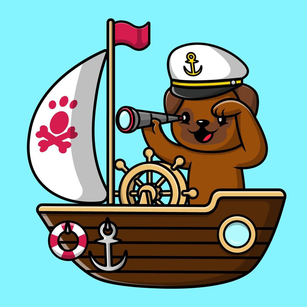 söt mops hund binokulär på båt tecknad serie tecknad serie vektor ikon illustration. platt tecknad serie begrepp.