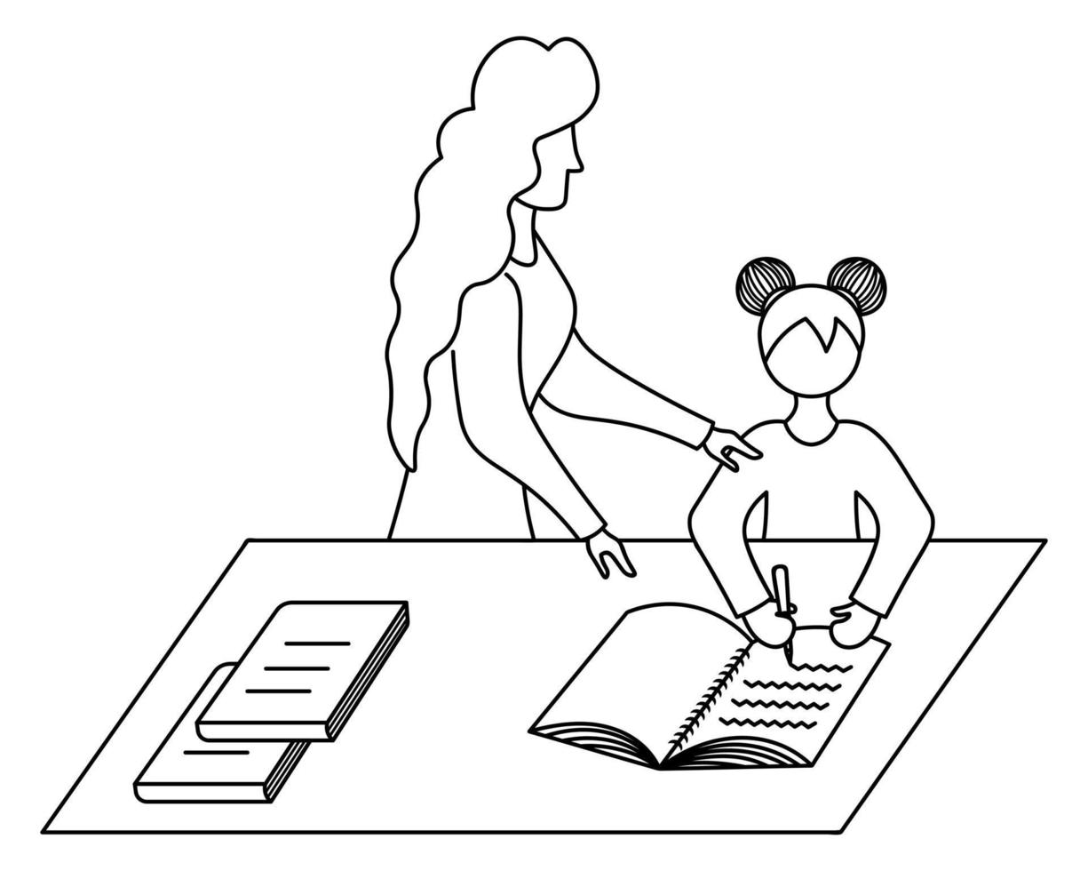 mama hilft ihrer tochter bei den hausaufgaben. skizzieren. Vektor-Illustration. das mädchen sitzt am tisch und schreibt mit einem stift in ein notizbuch. Lehrbücher in der Nähe. Frisur zwei Sträuße. Malbuch. vektor