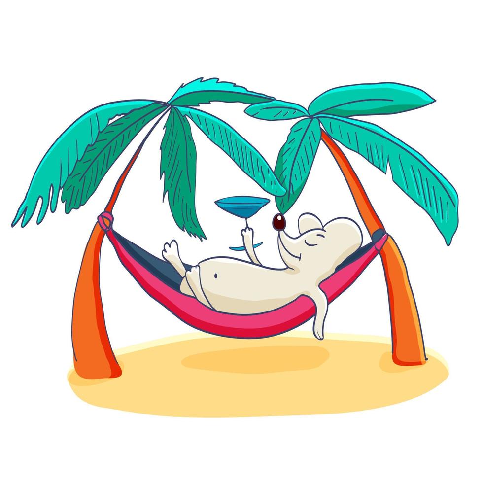 niedliche handgezeichnete cartoon lustige mäuse reisen und entspannen sich an einem tropischen strand vektor