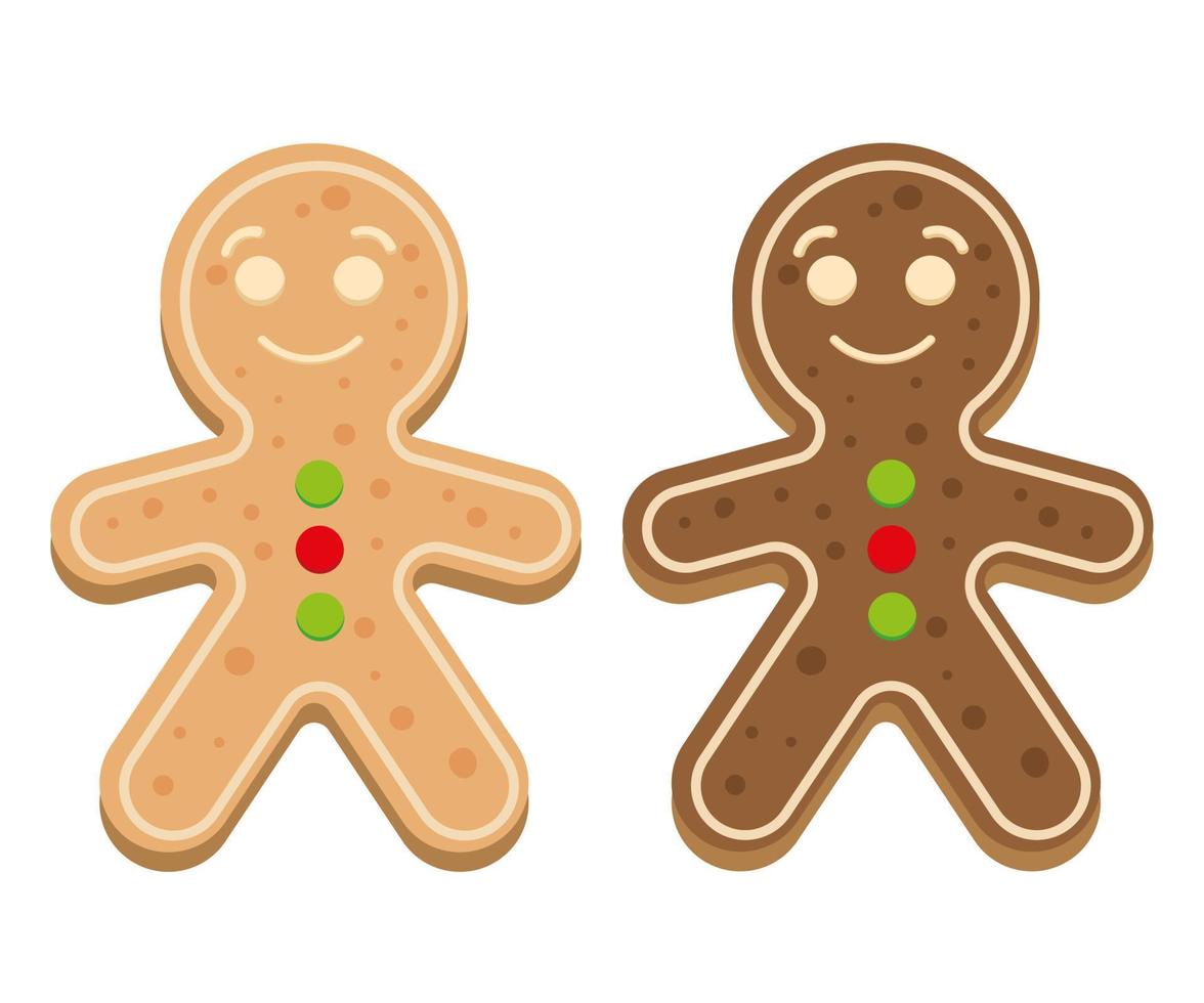 Lebkuchenmann in zwei Farben. Weihnachtsplätzchen. Gingermen-Clipart mit fröhlichem Gesicht im flachen Stil vektor