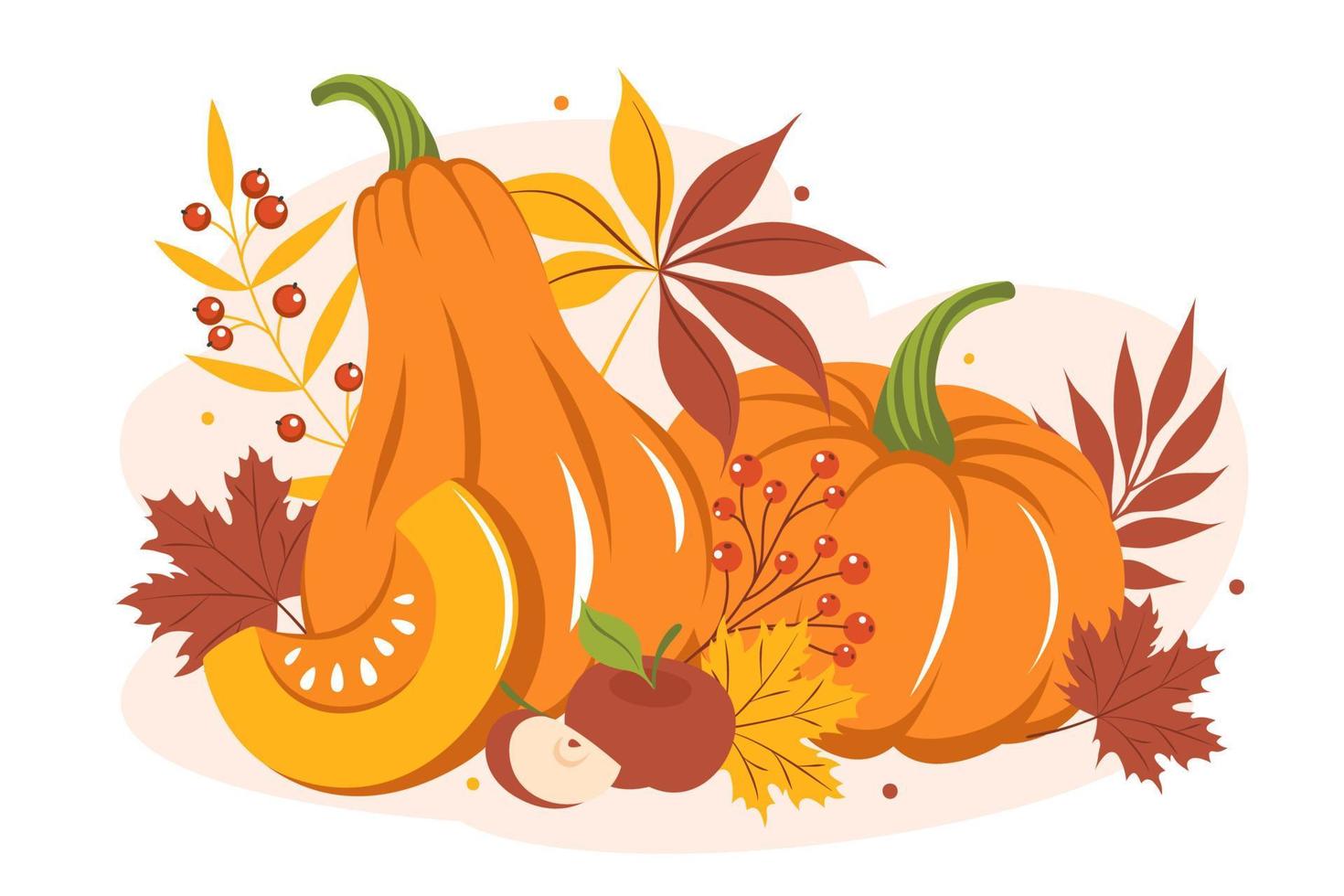 pumpa med höstens färgglada löv och frukt. Glad thanksgiving. vektor illustration för semester gratulationskort, banner, affisch