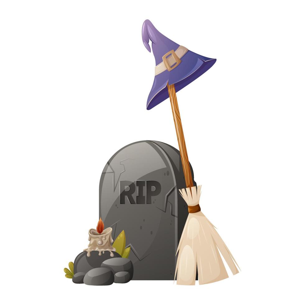 grabstein mit text rip, besenstiel mit zauberhut, brennende kerze auf steinen. die Erinnerung an die Toten. Cartoon-Vektor-Illustration für Halloween. vektor