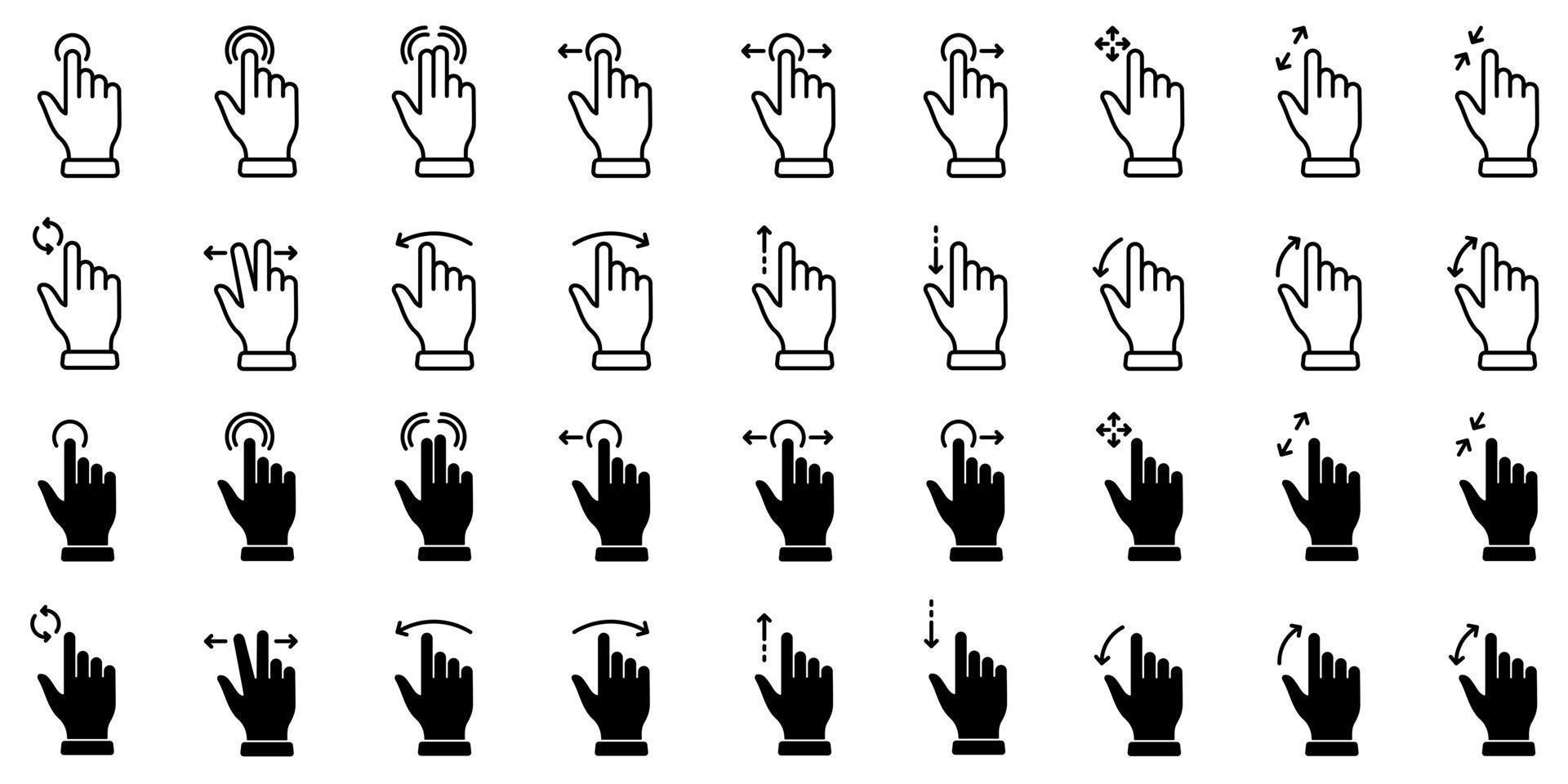 Streichen Sie mit der Hand mit dem Finger und ziehen Sie linear, Glyphenpiktogramm. Drücken Sie den Bildschirm zusammen, drehen Sie das Bildschirmumrisssymbol nach oben und unten. Gestenfolie. Gesten-Tap-Linie und Silhouette-Icon-Set. isolierte Vektorillustration. vektor