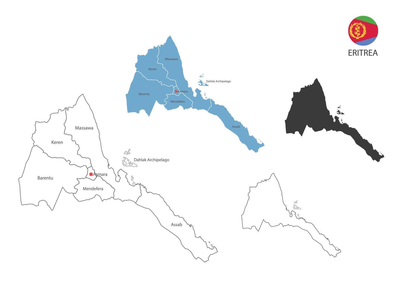 4 Arten von Eritrea-Kartenvektorillustrationen haben alle Provinzen und markieren die Hauptstadt von Eritrea. durch dünnen schwarzen Umriss, Einfachheitsstil und dunklen Schattenstil. isoliert auf weißem Hintergrund. vektor