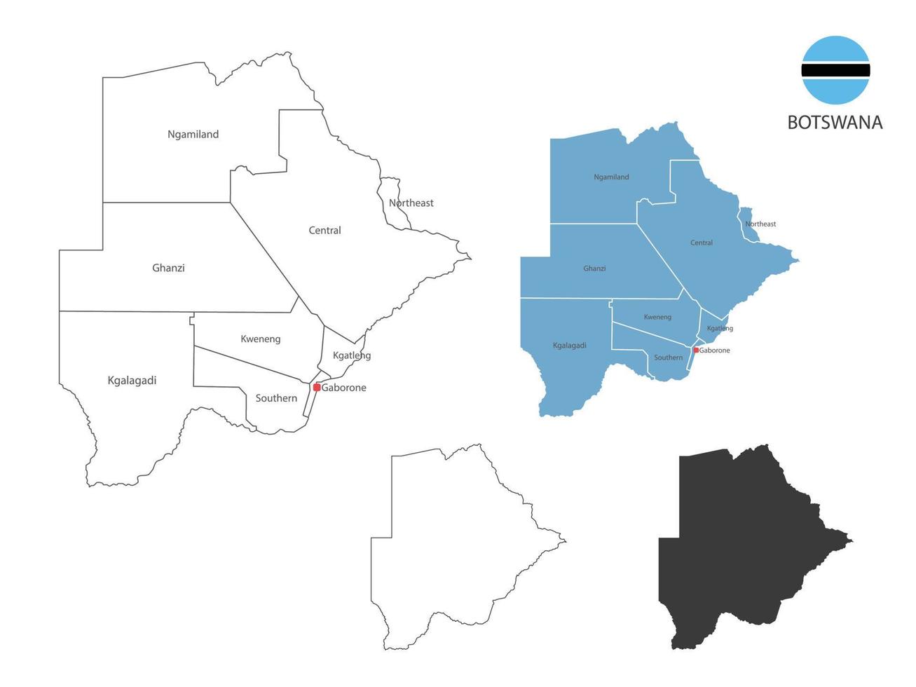 4 Arten von Botswana-Kartenvektorillustrationen haben alle Provinzen und markieren die Hauptstadt von Botswana. durch dünnen schwarzen Umriss-Einfachheitsstil und dunklen Schattenstil. isoliert auf weißem Hintergrund. vektor