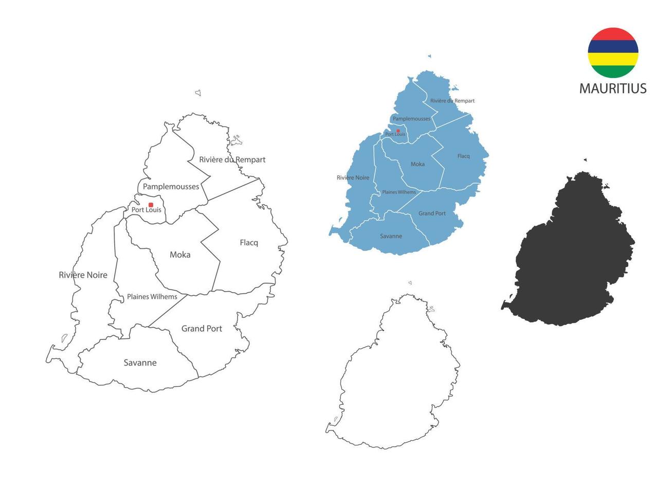 4 Arten von Mauritius-Kartenvektorillustrationen haben alle Provinzen und markieren die Hauptstadt von Mauritius. durch dünnen schwarzen Umriss, Einfachheitsstil und dunklen Schattenstil. isoliert auf weißem Hintergrund. vektor