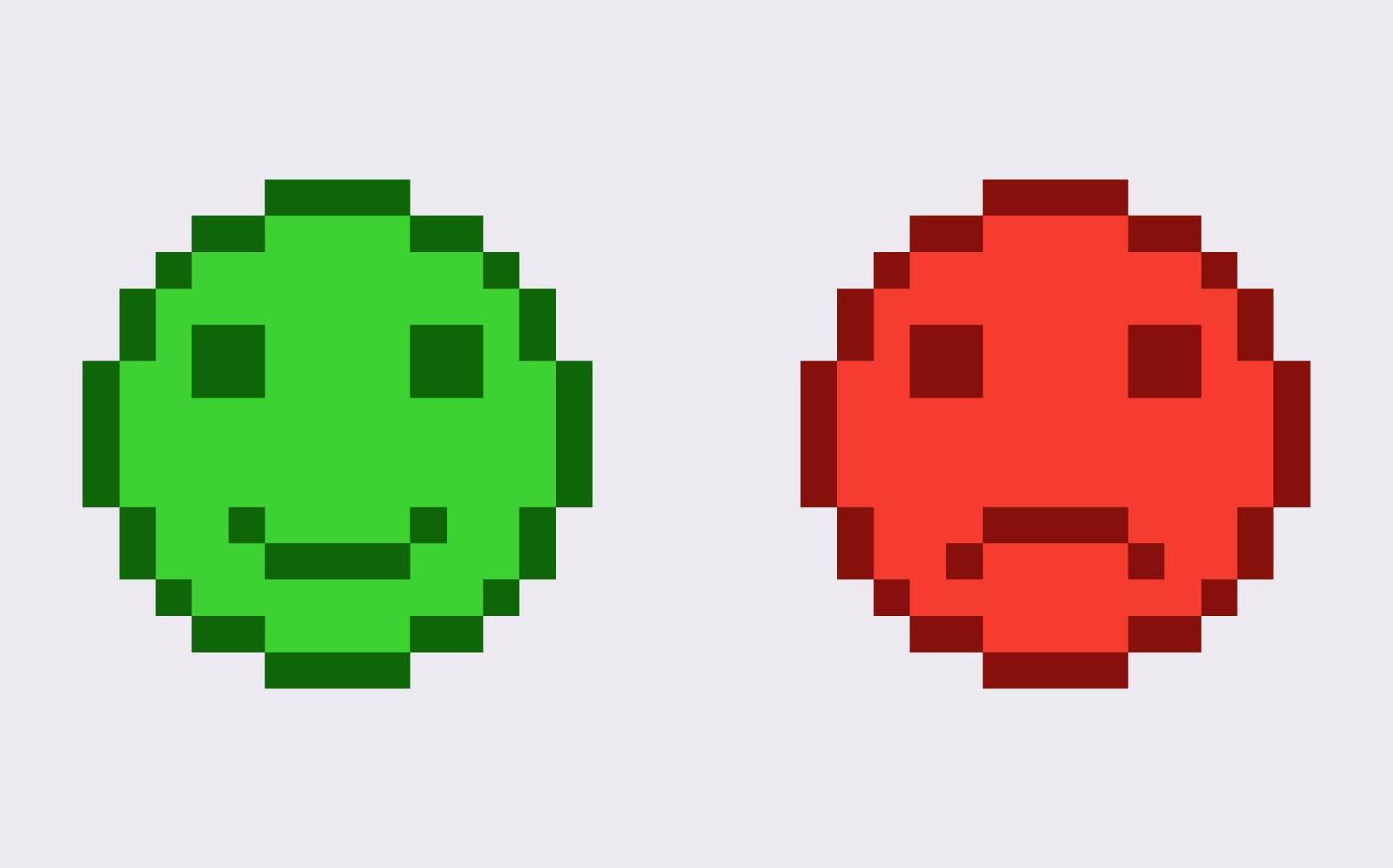 glückliches und unglückliches 8-Bit-Emoticon. Fröhlicher grüner Charakter mit lächelndem Gesicht und trauriges Rot mit wütenden Depressionsgesichtsausdrücken soziale Bewertung und Meinungen von Vektorbenutzern. vektor