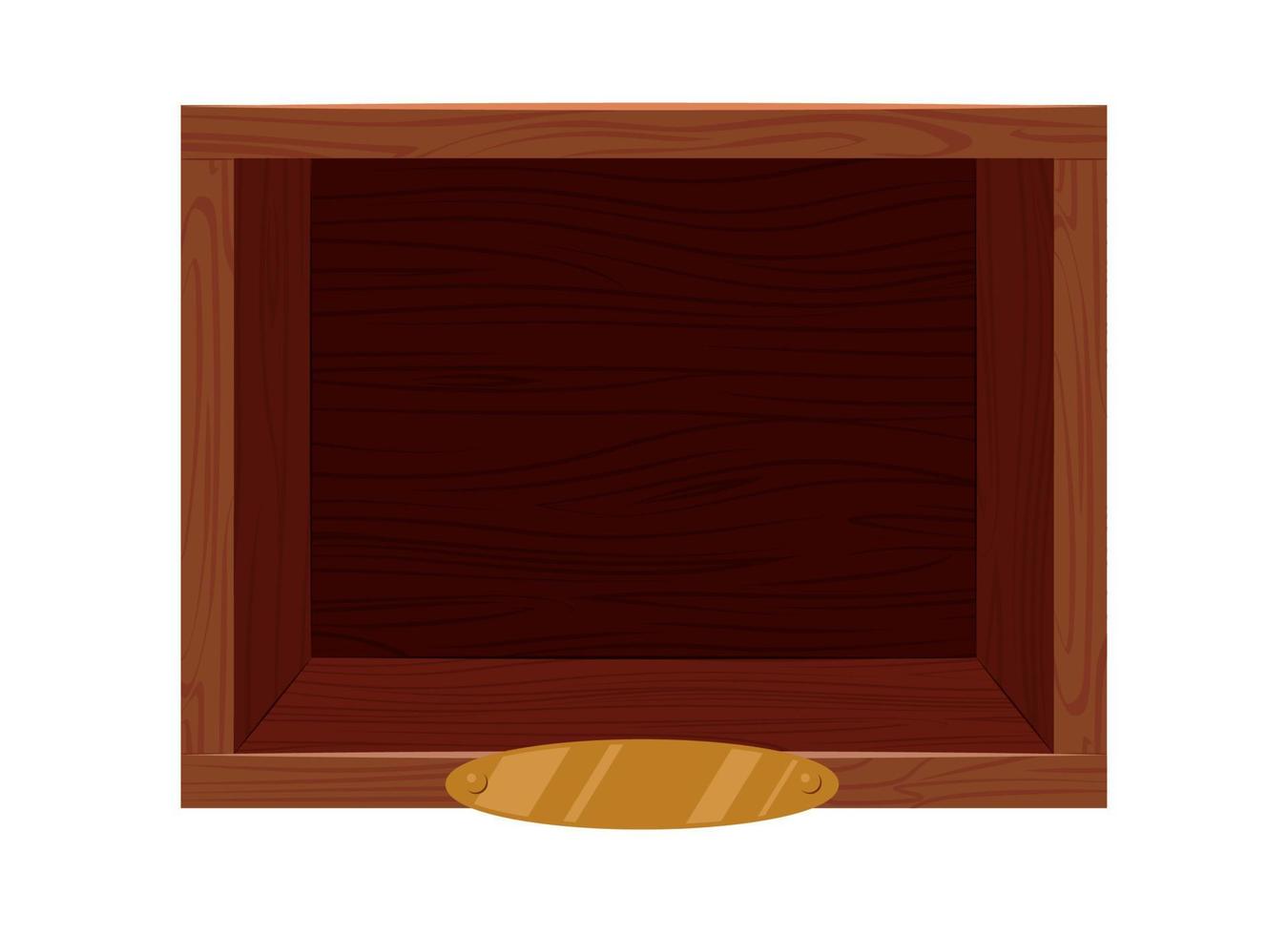 Vintage-Holzregal mit goldener Namensschild-Vorlage. braune leere Aufbewahrungsbox für Kleidung und Habseligkeiten quadratisches Regal für Museumsexponate und Vektorbücher vektor