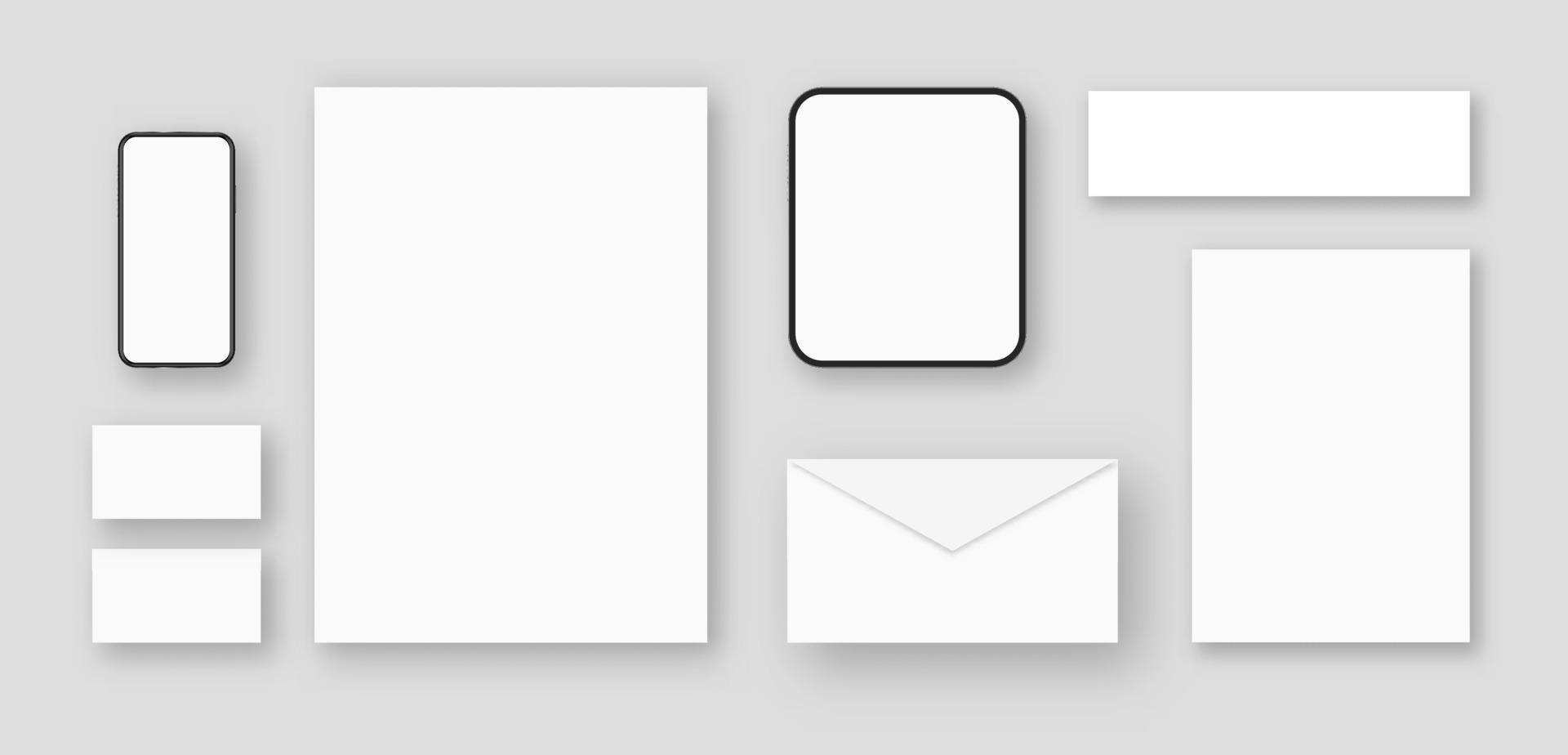satz von modellen für unternehmensmarken - briefseitenvorlage, visitenkarten, umschläge, banner, mobile elektronische geräte oder geräte isoliert auf hellem hintergrund. moderne realistische vektorillustration. vektor