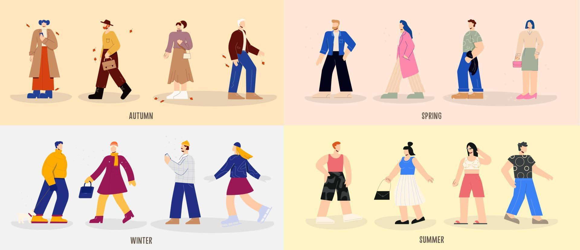 uppsättning av tecknad serie människor bär annorlunda säsong- kläder höst, vår, vinter- och sommar vektor