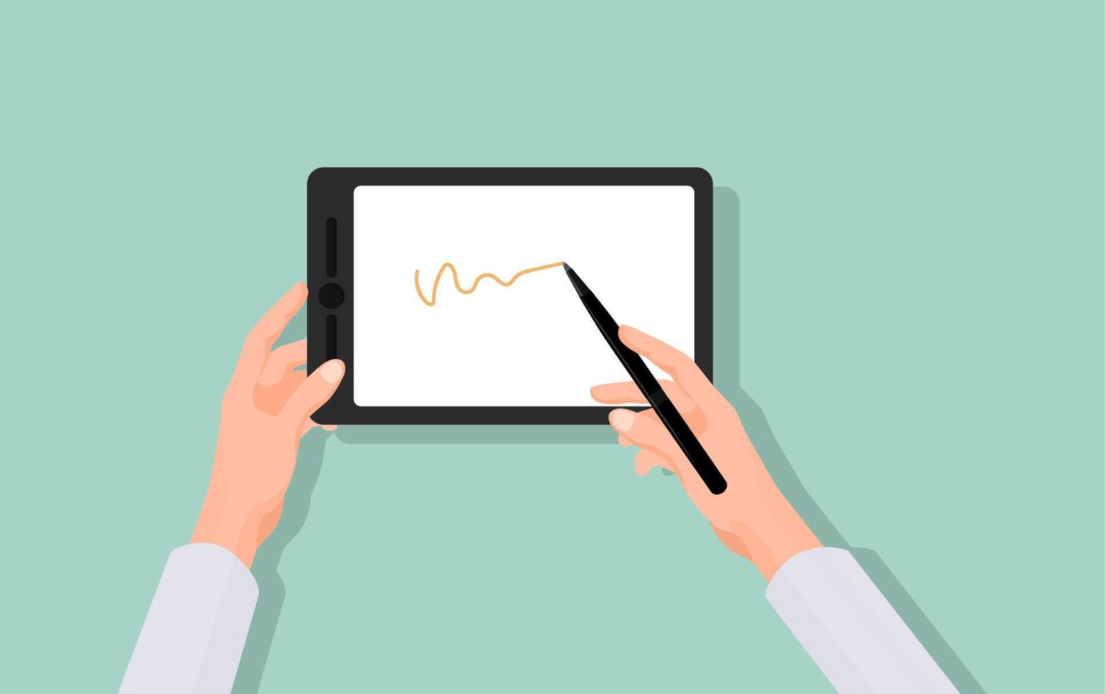 Hände zeichnen im Grafiktablett. modernes gerät zum zeichnen und schreiben stilvoller schwarzer stift zum skizzieren von touchscreen-tablet mit wi-fi-verbindungsvektor soziale informationen vektor