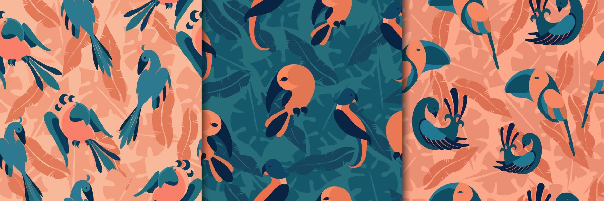 vögel im nahtlosen muster des dschungels. exotische papageien orange grünes tropisches paradies mit tukan-dschungelreben und blumen. vektor