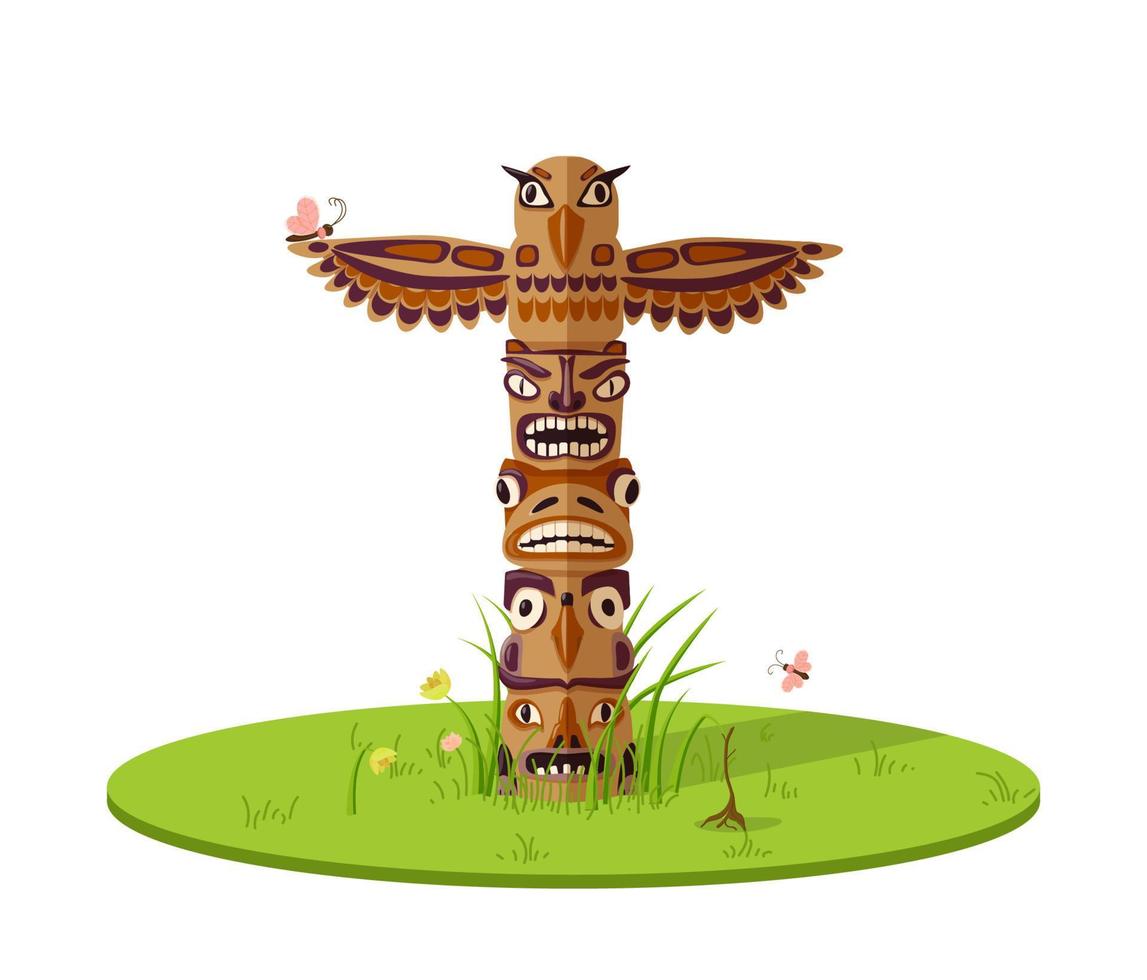 totem fantastische vögel auf rasenillustration. alte indianische Holzstatue von Fabelwesen, ethnisch gemalt in verlassener grüner Vektorlichtung. vektor