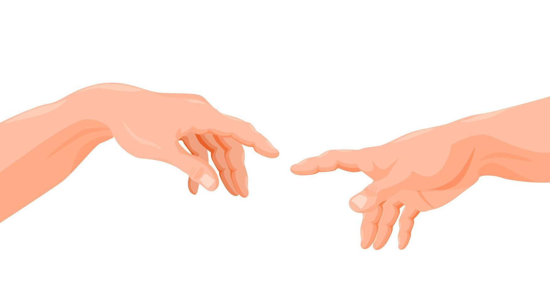 Adam och Gud rörande händer fingrar vektor grafisk tecknad serie illustration. färgad mänsklig karaktär Rör vapen symbol av människor samhörighet isolerat på vit bakgrund