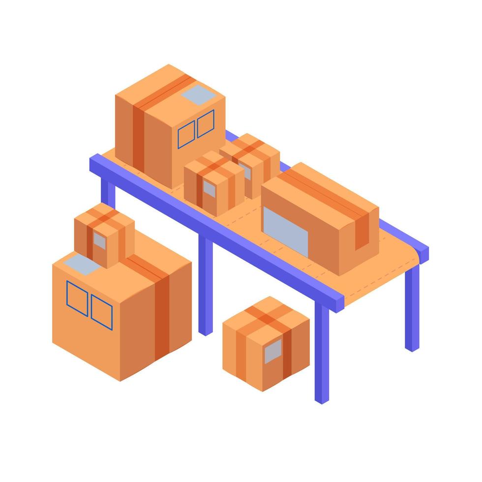 schubladen auf förderband isometrisch. Gelbe Kisten mit Gepäckband vom Verlader Wareneingang. vektor