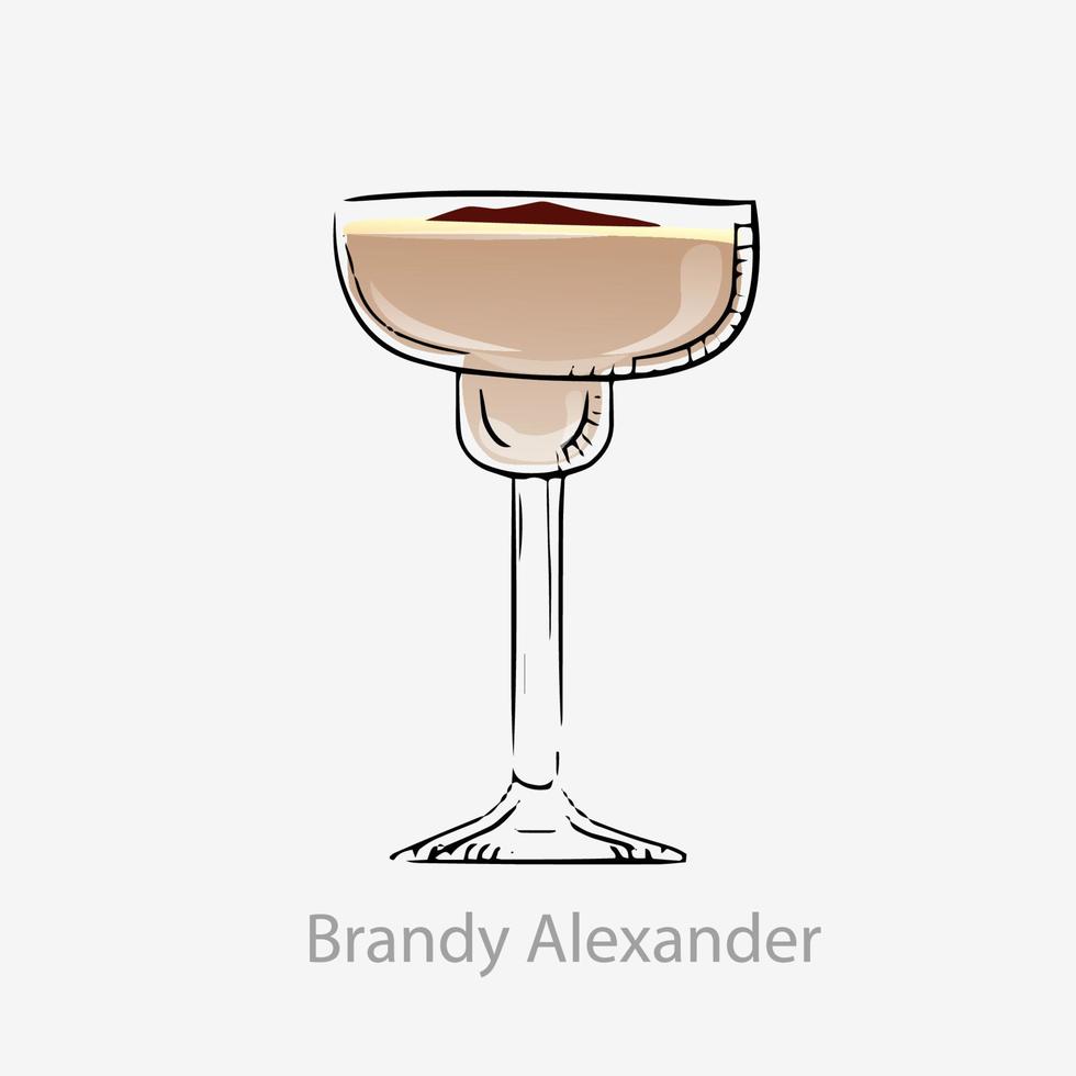 brandy cocktail alexander. milkshake cocktail alkoholhaltig brun vit digestif baserad på cognac choklad sprit grädde eras utan is vektor glas sauer kategori oförglömlig.