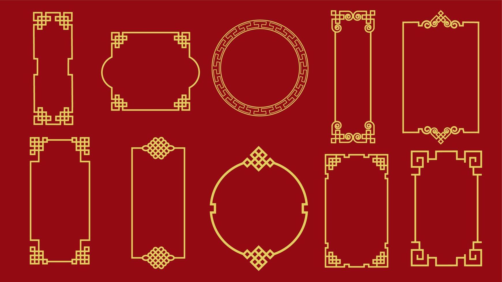 Satz verschiedener traditioneller goldener Porzellanrahmen isoliert auf rotem Hintergrund. Sammlung verschiedener chinesischer Retro-Randvektor-Flachillustration. gelbe vintage dekorative ecke vektor