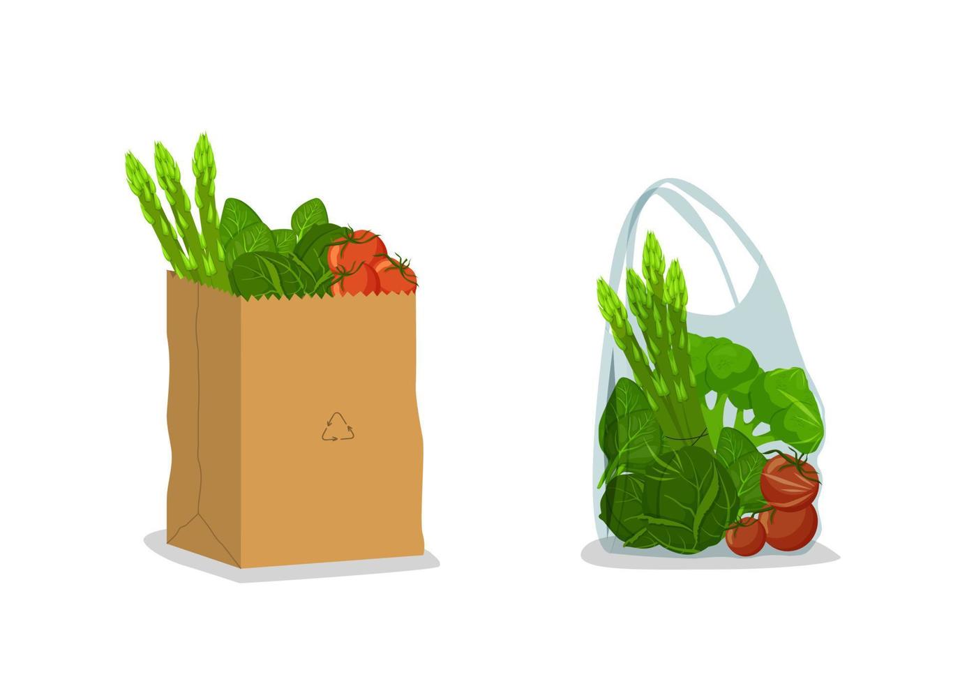 papper och cellofan väska med grönsaker ClipArt. gul eco väska fylld röd tomater och sallad polyeten kemisk väska med transparent vektor yta.