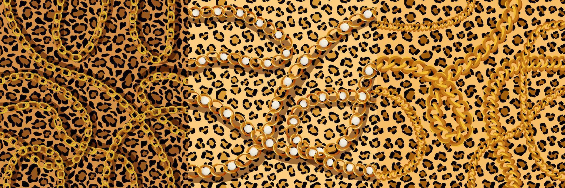 leopardenmaßwerk mit goldketten und nahtlosem muster der perlen. puma-gelbe flecken mit schwarzen jaguar-schemaumrissen in geparden-vektorfarbe. vektor