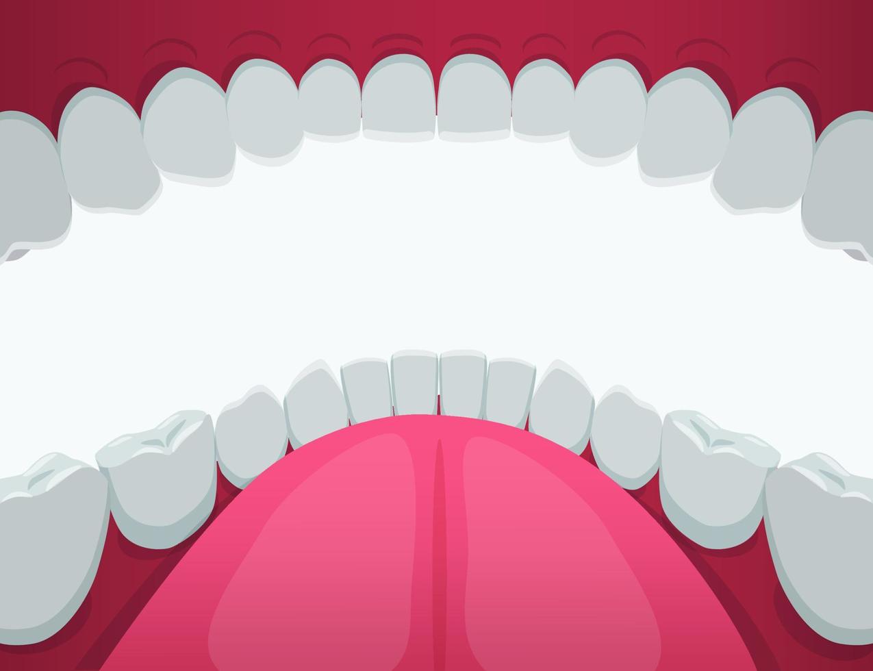 tecknad serie mänsklig mun vit tänder se inuti vektor grafisk illustration. person rena friska tand med rosa tunga och gummi isolerat på vit bakgrund. dental hälsa vård och ortodontisk begrepp